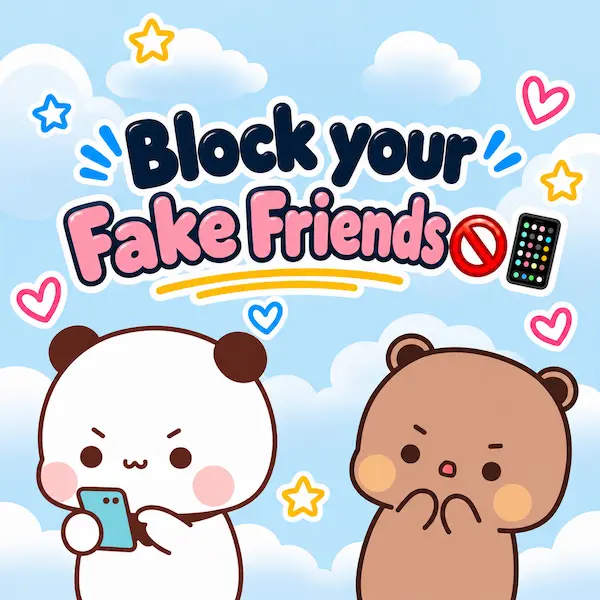 A panda with a phone and a bear under the words Block your Fake Friends